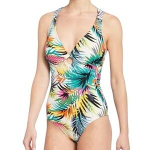 Shade & Shore One Piece Tropical Swimsuit NWT Size 12-14 Green Yellow